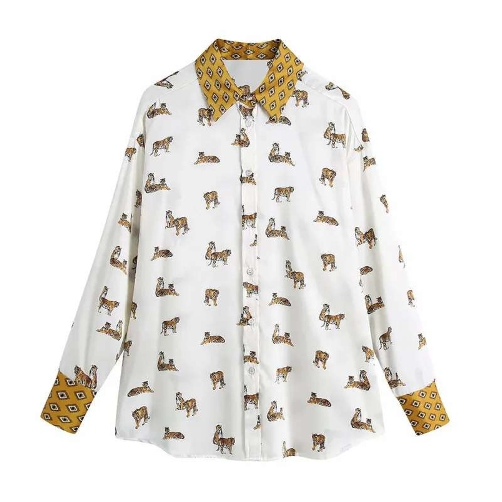 Zara tiger blouse contrast collar button up XS boxy oversize fit loose funky fun - Picture 8 of 8